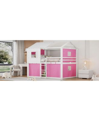 Full Size Bunk Wood House Bed with Tent