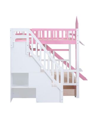 Full-Over-Full Castle Style Bunk Bed with 2 Drawers 3 Shelves and Slide