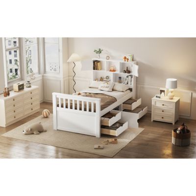 Twin Captain Platform Bed Frame with Storage, Bookcases, Shelves, 4 Drawers