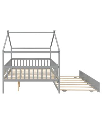 Full Size Wooden House Bed with Twin Size Trundle