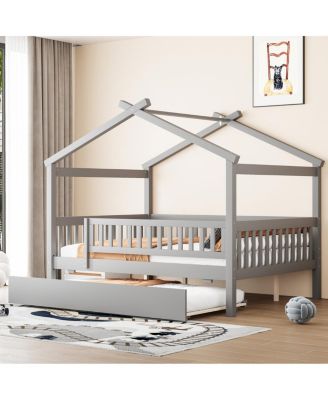 Full Size Wooden House Bed with Twin Size Trundle