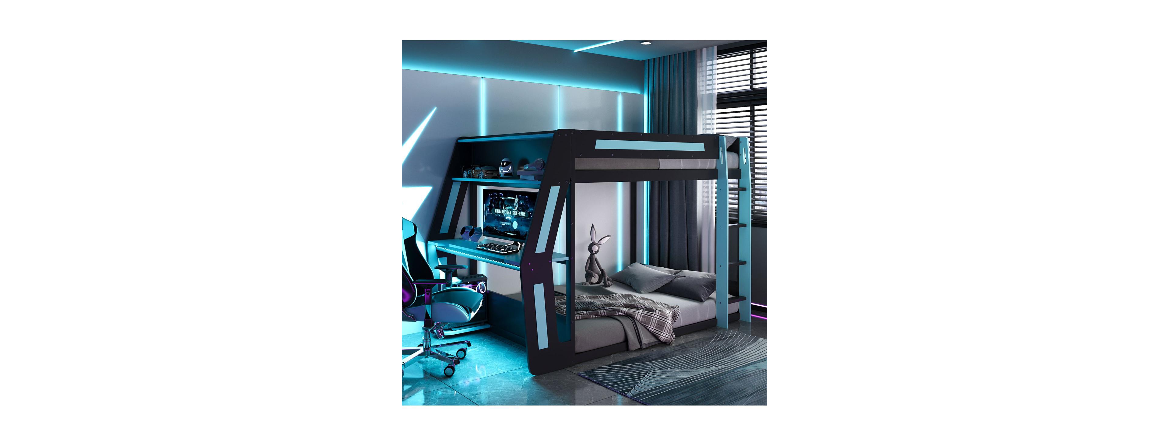 Streamdale Furniture Full-Size Gaming Bunk Bed with Rgb Desk, Usb Ports, Led Strip & Cable Grommet - Green