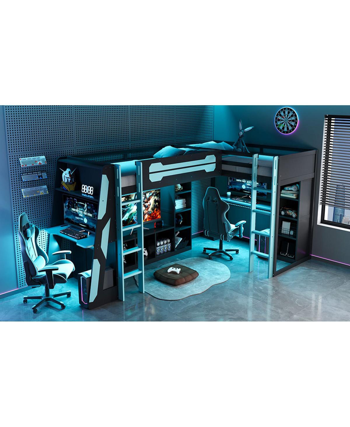 Streamdale Furniture L-Shaped Twin Gaming Bed Frame w/ Rgb, Usb, Tv Stand, Storage, Reversible