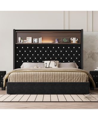 Queen Size Velvet Tufted Bed Frame with USB & Night Light