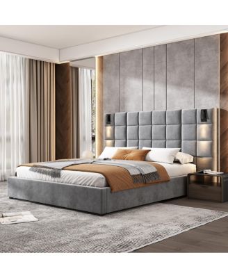 Queen Size Velvet Upholstered Bed Frame with USB Port