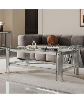 Double Layer Tempered Glass Coffee Table with Mirror Stainless Steel Frame