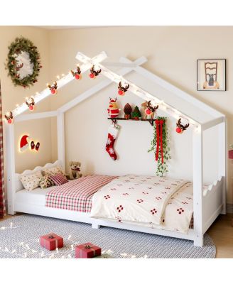 Twin House Floor Bed with Slats, Solid Wood House Bed Frame for Kids, White