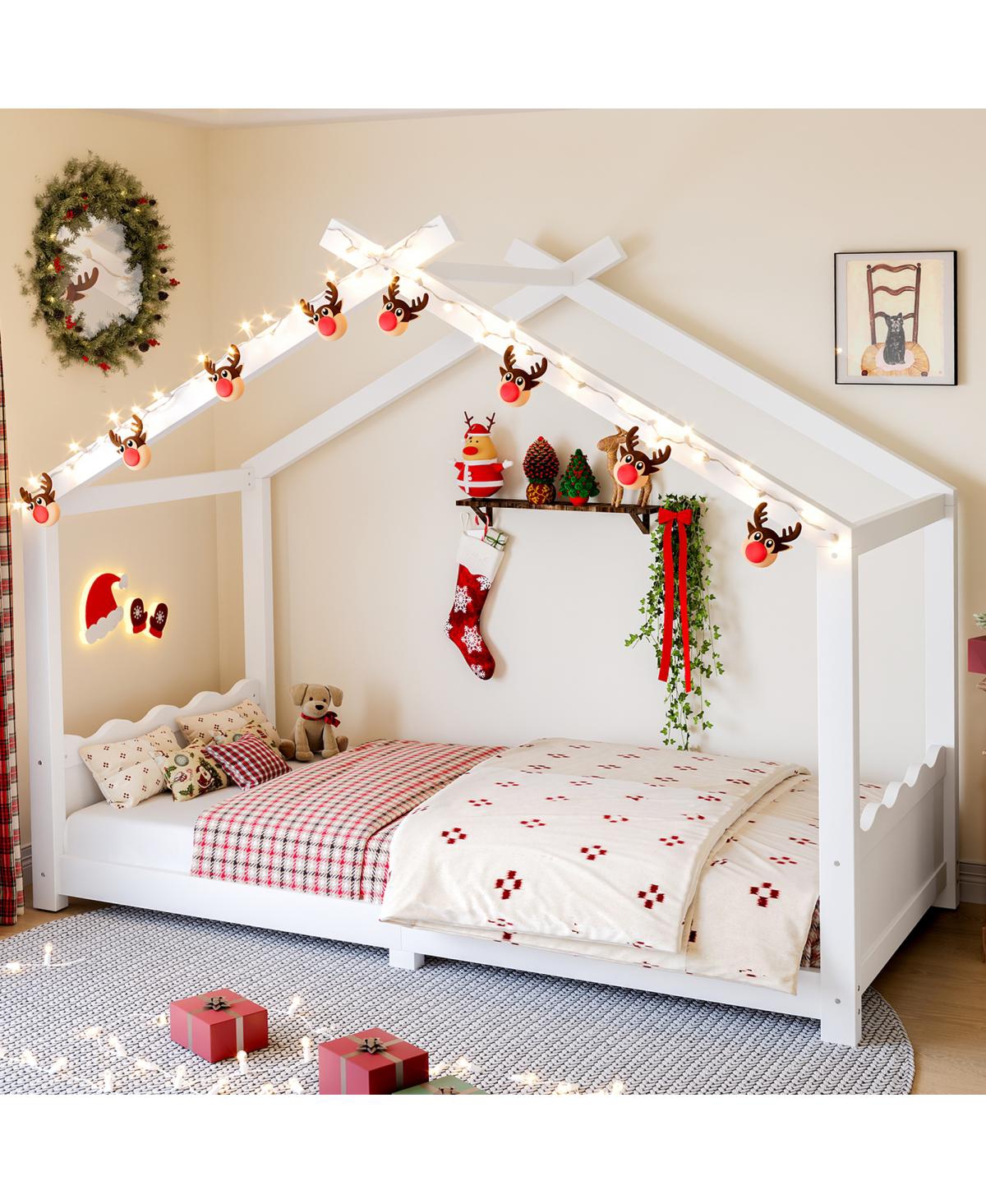 Streamdale Furniture Twin House Floor Bed with Slats, Solid Wood House Bed Frame for Kids, White