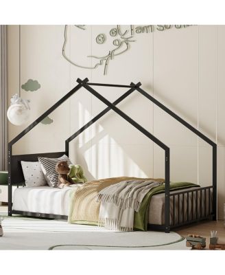 Streamdale Twin Size House Bed with Roof & Lights, Metal Frame, No Box Spring (Black)