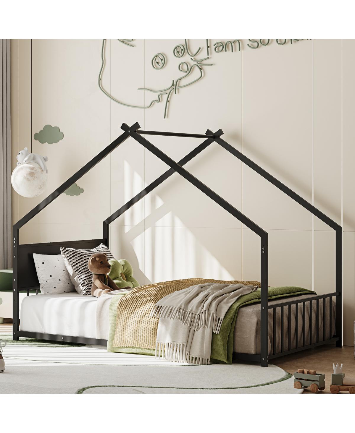 Streamdale FurnitureTwin Size House Bed with Roof & Lights, Metal Frame, No Box Spring (Black)