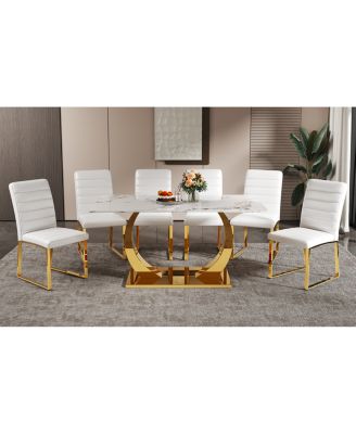 Streamdale Marble patterned glass dining set with gold decor: 63" table + 6 chairs