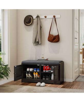 Streamdale Shoe Storage Bench with 2 Door Cabinet and Cushion, Adjustable Shelves