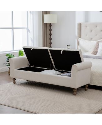 Modern Upholstered Storage Bench with Double Lids & Rolled Armrest