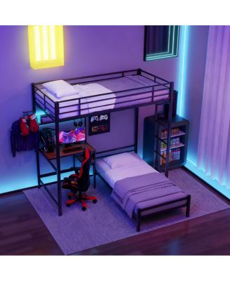 Bunk Bed Twin Over Twin with Desk, Storage, Lighting