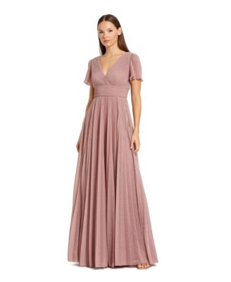 Women's Pleated Metallic Flutter Sleeve V-Neck A-Line Gown