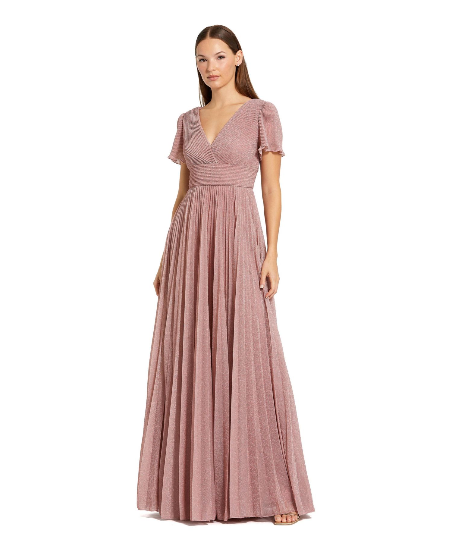 Women's Pleated Metallic Flutter Sleeve V-Neck A-Line Gown