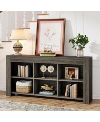 63-Inch Long Console Table, Rustic Wood Entryway Table with 6 Storage Cubes, Industrial Narrow Sofa Table Behind Couch Table