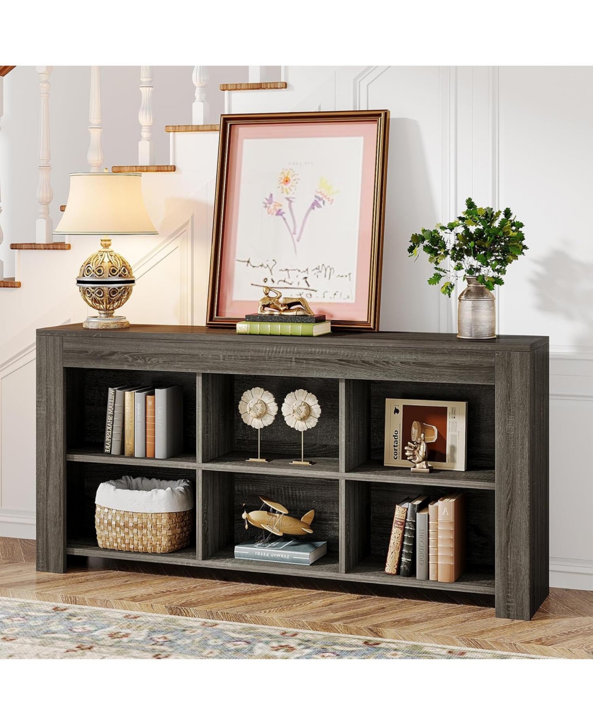 Tribesigns 63-Inch Long Console Table, Rustic Wood Entryway Table with 6 Storage Cubes, Industrial Narrow Sofa Table Behind Couch Table