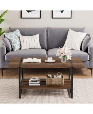 41" Large 2-Tier Gray Wood Coffee Table with Storage Shelf - Farmhouse Modern Rustic Metal Rectangle Center Living Room Coffee Table