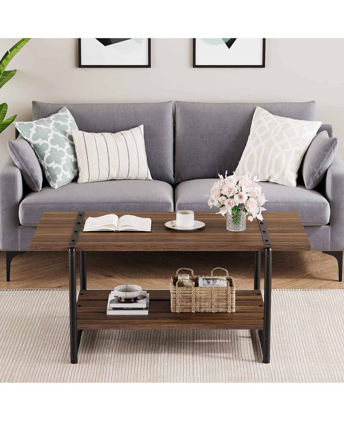 gaomon 41" Large 2-Tier Gray Wood Coffee Table with Storage Shelf - Farmhouse Modern Rustic Metal Rectangle Center Living Room Coffee Table