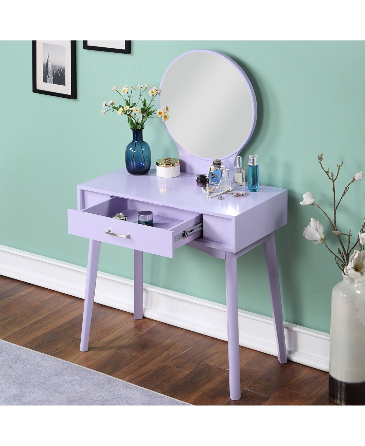 Streamdale Furniture Streamdale Maly Contemporary Wood Vanity and Stool Set, Purple