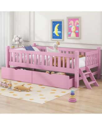 Wood Twin Size Platform Bed with Guardrail and 2 Drawers