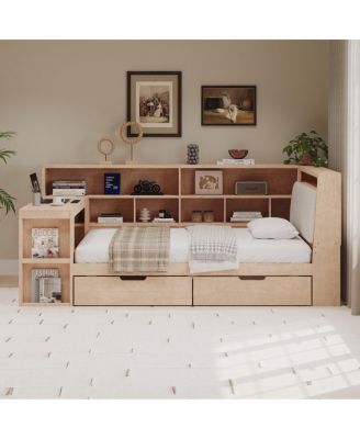 Twin L-shaped Wooden Daybed with Desk, Storage, LED Light