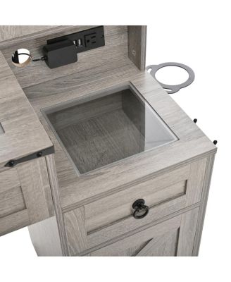 Farmhouse Vanity Desk with Sliding Mirror, Lights, Charging