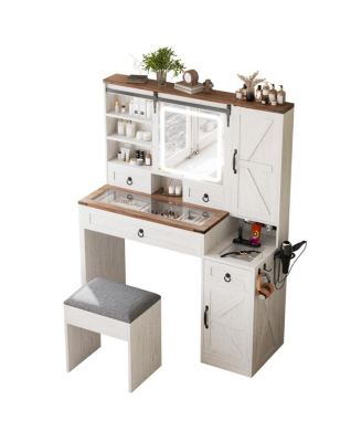 Farmhouse Vanity Desk with Sliding Mirror, Lights, Charging