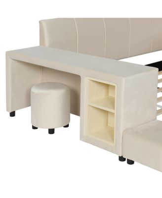 Upholstered Grounded Bed with Bedside Desk & Stool