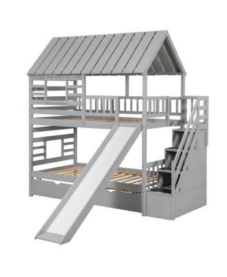 Twin over Twin House Bunk Bed with Trundle, Slide, Stairs, Roof, Window