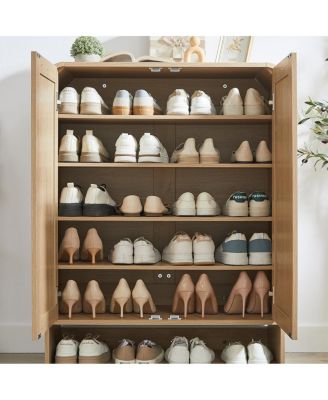 Streamdale Rattan Shoe Cabinet with Doors, 6-Tier Adjustable Shelves, Oak, 31.5"W x 13.8"D x 41"H.