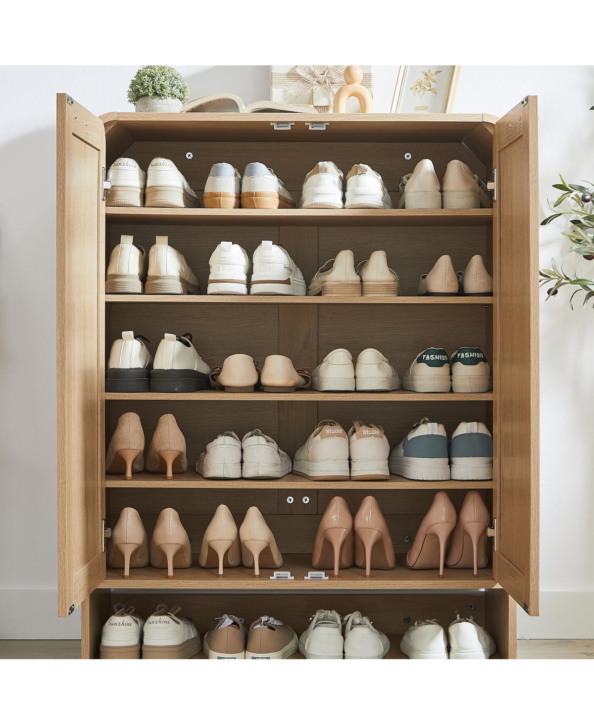 Streamdale Rattan Shoe Cabinet with Doors, 6-Tier Adjustable Shelves, Oak, 31.5"W x 13.8"D x 41"H.