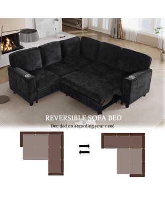 L-Shaped Sofa Bed with Storage & USB, Charcoal Gray