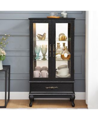 Streamdale Lighted Curio Cabinet with Glass Doors and Adjustable Shelves, Black