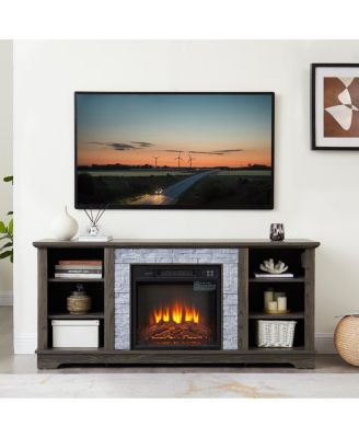 Electric Fireplace Stone TV Media Stand with Faux Stacked Stone Surround, Gray, 58.31"W