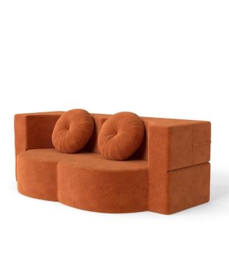 Modern Floor Sofa with 2 Pillows, Convertible Plush Corduroy Sleeper Sofa Bed