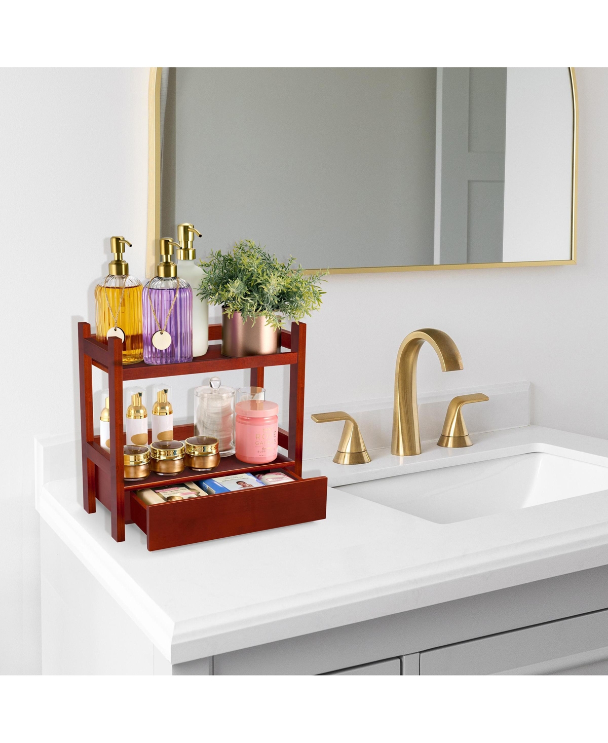 Sorbus 2-Tier Bamboo Counter Organizer with Drawer Bamboo for Vanity, Matcha Station, Bathroom Sink Organizer Countertop