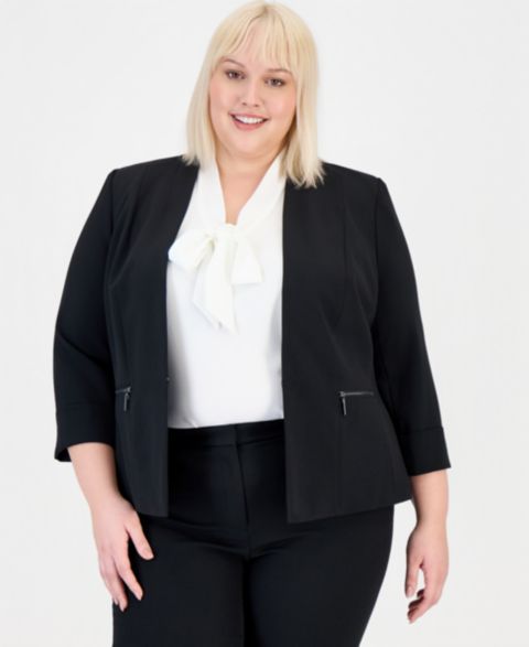 Женский пиджак Kasper Plus Size Stretch Crepe Collarless Open Front Blazer, цвет: Чёрный