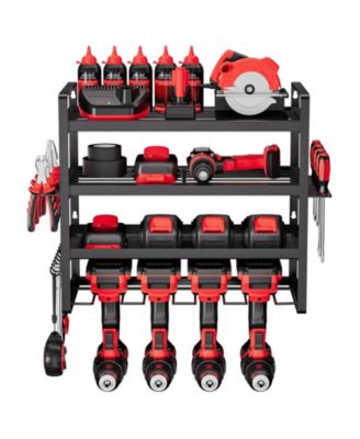 Wall-Mount Power Tool Organizer, 4-Tier Storage Rack with 4 Drill Holders, Screwdriver Holder, Garage Tool Storage Rack