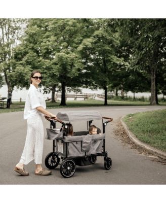 Wagon Stroller for Two Kids with Adjustable Handle, All-Terrain Wheels, Tray and Storage, Grey