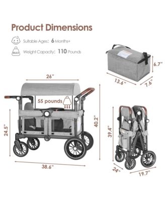 Wagon Stroller for Two Kids with Adjustable Handle, All-Terrain Wheels, Tray and Storage, Grey