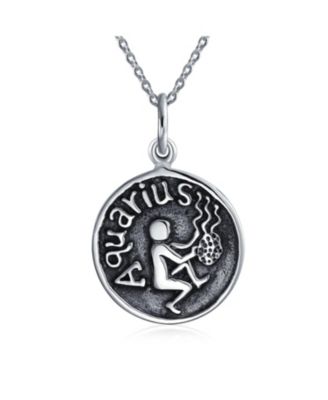 Aquarius Zodiac Round Medallion Pendant Necklace Antiqued .925 Sterling Silver