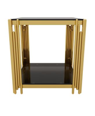 Modern Black Mirror End Table with Gold Finish & Lower Shelf, 19.9
