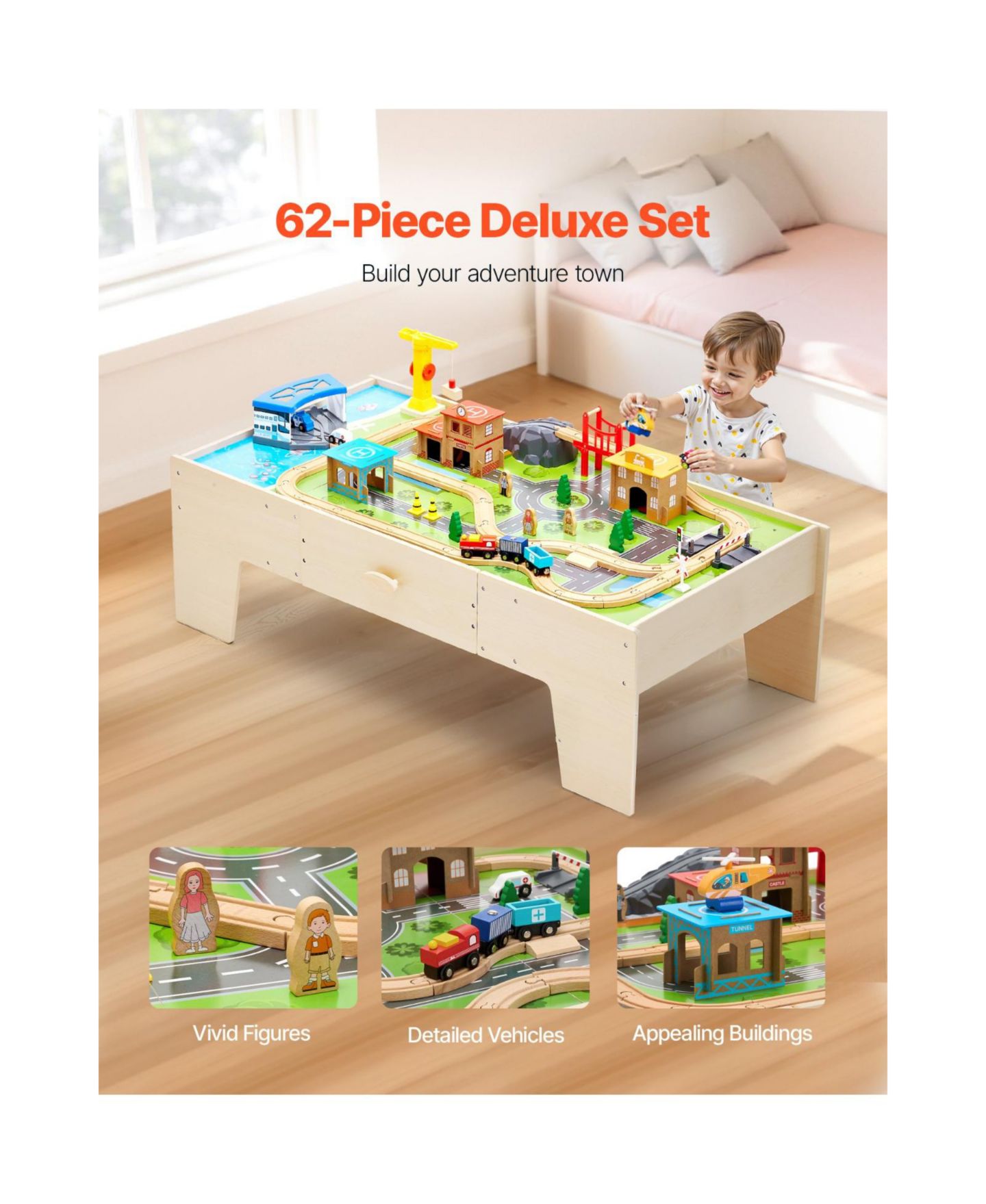 Детские конструкторы Slickblue Train 62-Piece Wooden Activity Table with Storage Drawer, Ages 2-5 Years, цвет: Натуральный — фото 9