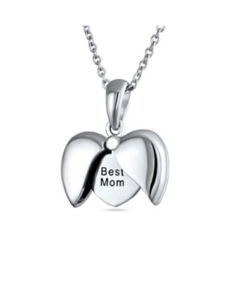 BEST MOM Word Angel Wing Heart Locket Pendant Necklace .925 Sterling Silver