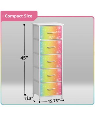 Narrow 5 Drawers Nightstand with Steel Frame, Wood Top, Easy Pull Fabric Bins