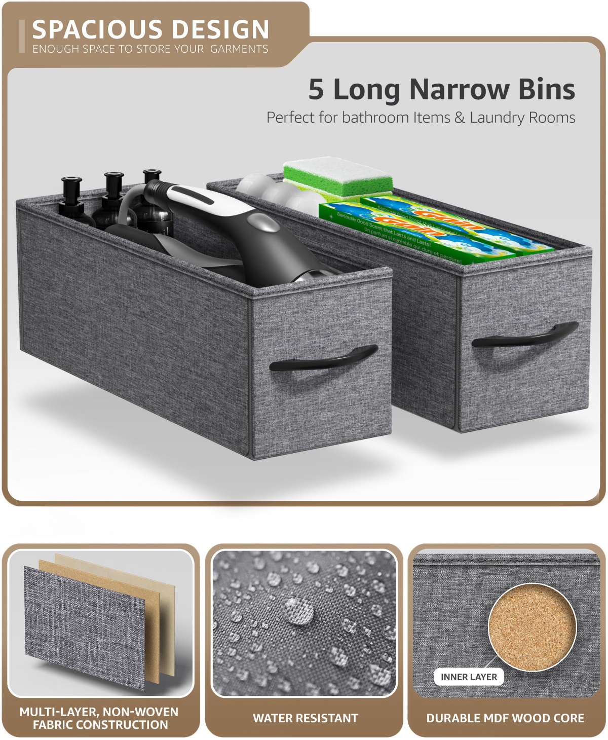 Sorbus Narrow Dresser with 5 Drawers - Steel Frame, Wood Top & Easy Pull Fabric Bins
