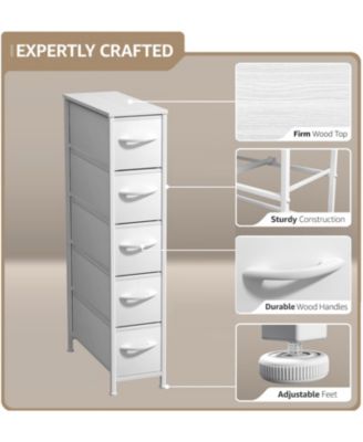 Narrow Dresser with 5 Drawers - Steel Frame, Wood Top & Easy Pull Fabric Bins
