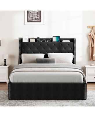 Wingback Headboard 4-Drawer Velvet Upholstered Platform Bed Frame with Charging Station
